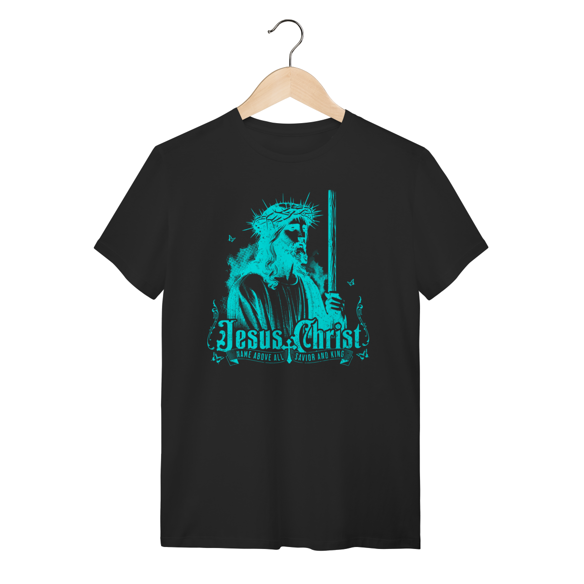Nome do produto: Camiseta Jesus Christ Name Above All - Estilo Vintage Azul Neon