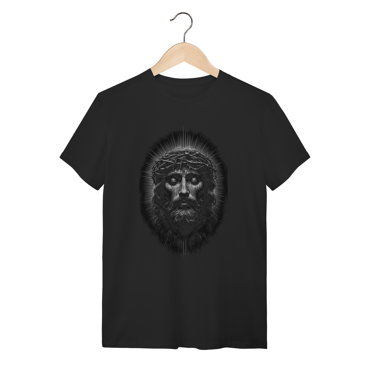 Nome do produto: Camiseta Rosto de Jesus Minimalista - Modelagem Tradicional Preta