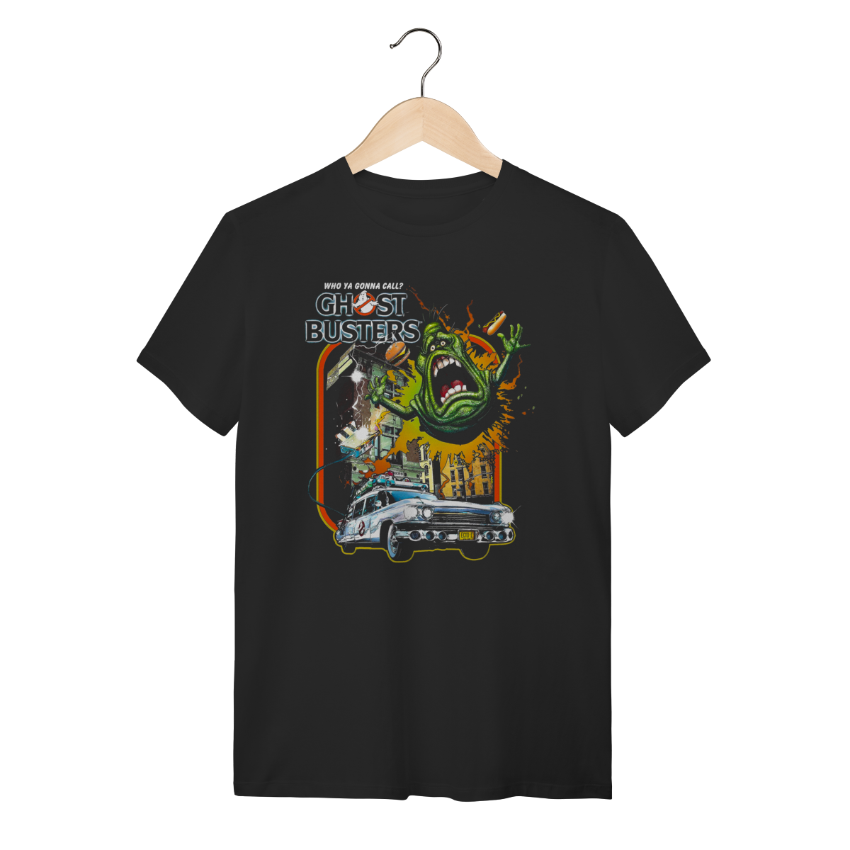 Nome do produto: Camiseta Ghostbusters – Estampa Geleia (Slimer) e Ecto-1 Retrô