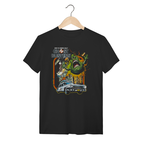Camiseta Ghostbusters – Estampa Geleia (Slimer) e Ecto-1 Retrô
