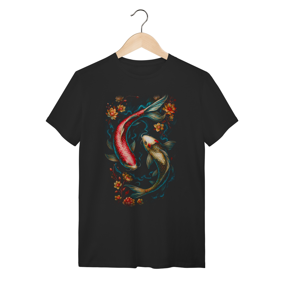 Nome do produto: Camiseta Preta Algodão Oriental - Carpas Koi Ying Yang Floral 