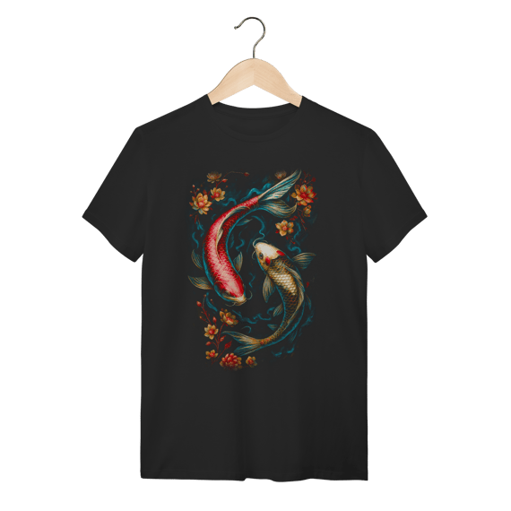 Camiseta Preta Algodão Oriental - Carpas Koi Ying Yang Floral 