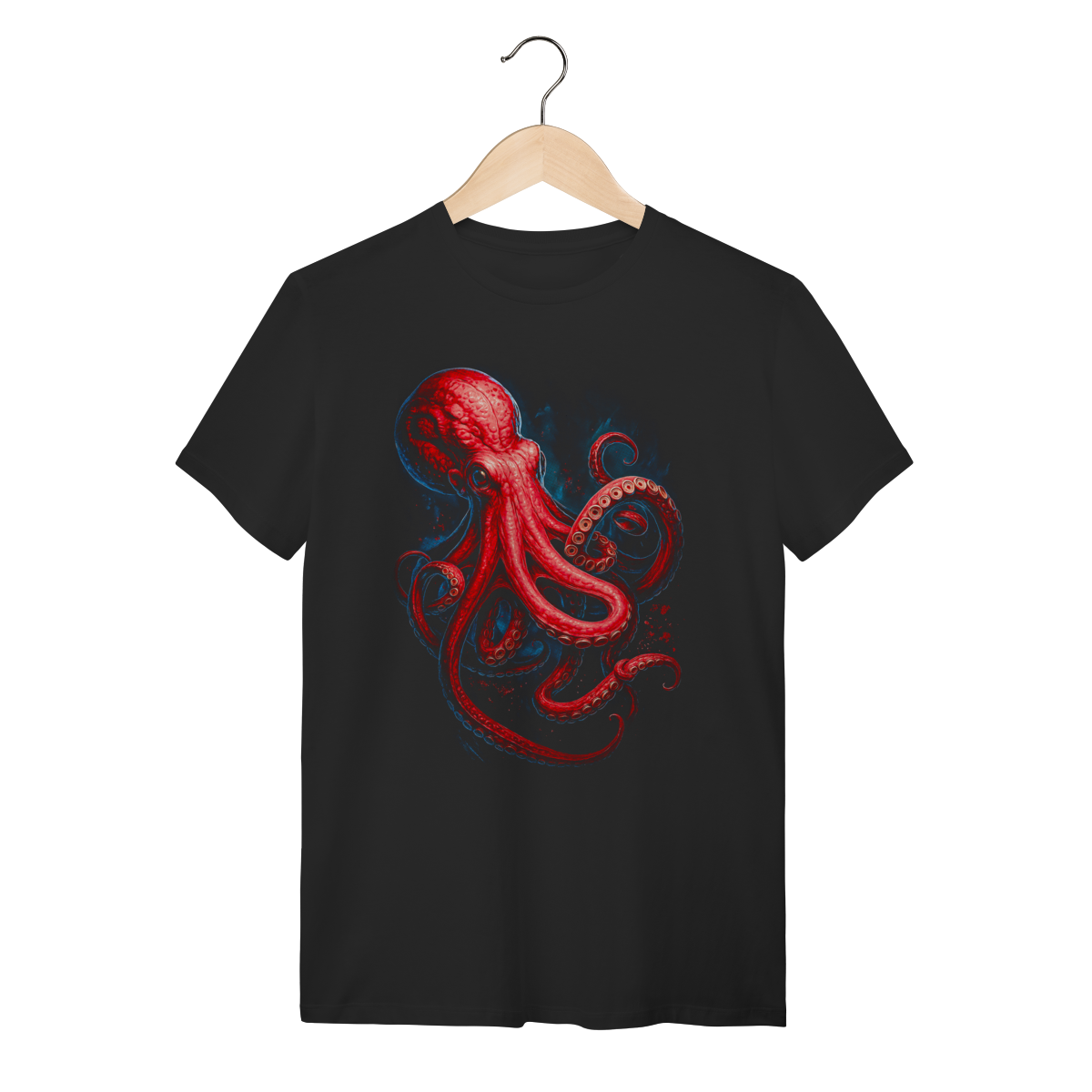 Nome do produto: Camiseta Preta algodão Streetwear - Polvo Vermelho Realista e Orgânico 