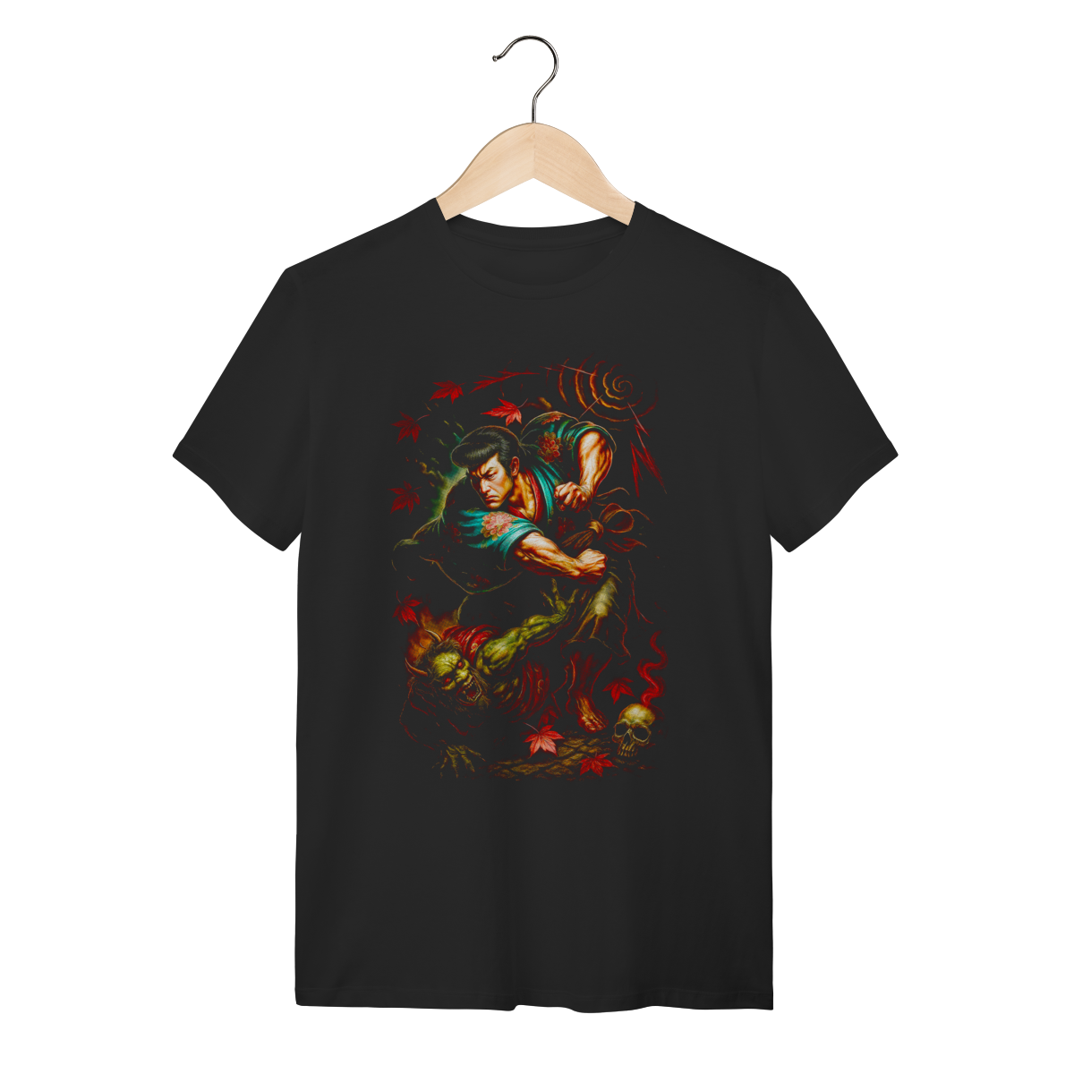 Nome do produto: Camiseta Preta de Algodão Estampada - Lutador de Rua vs Demônio Oni