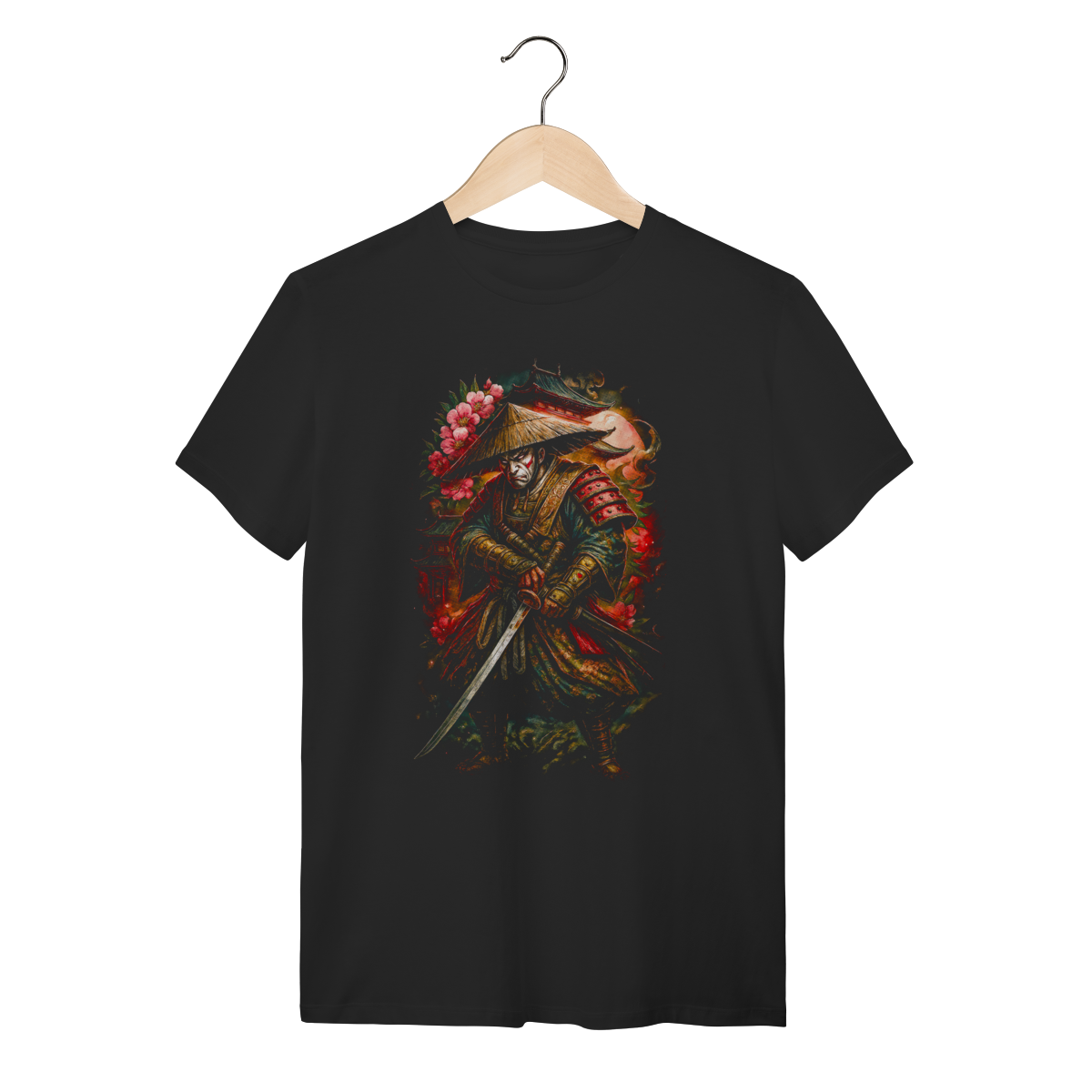 Nome do produto: Camiseta Preta Algodão - Samurai Ronin e Flores de Cerejeira 