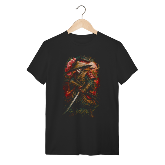 Camiseta Preta Algodão - Samurai Ronin e Flores de Cerejeira 