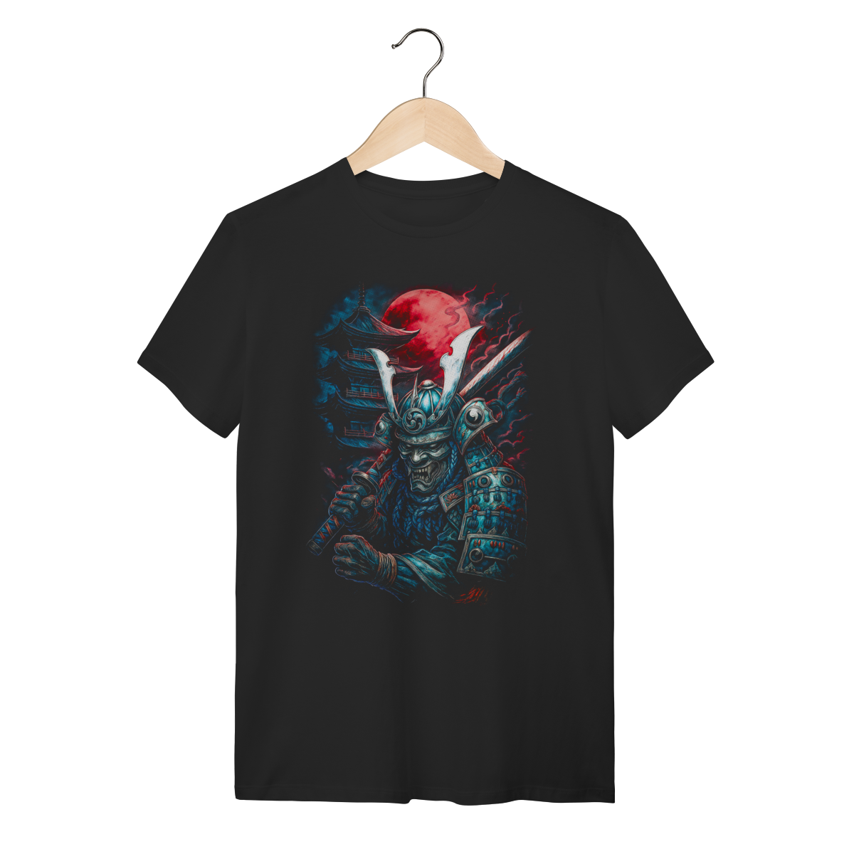 Nome do produto: Camiseta Preta Streetwear - Samurai de Armadura sob a Lua de Sangue 