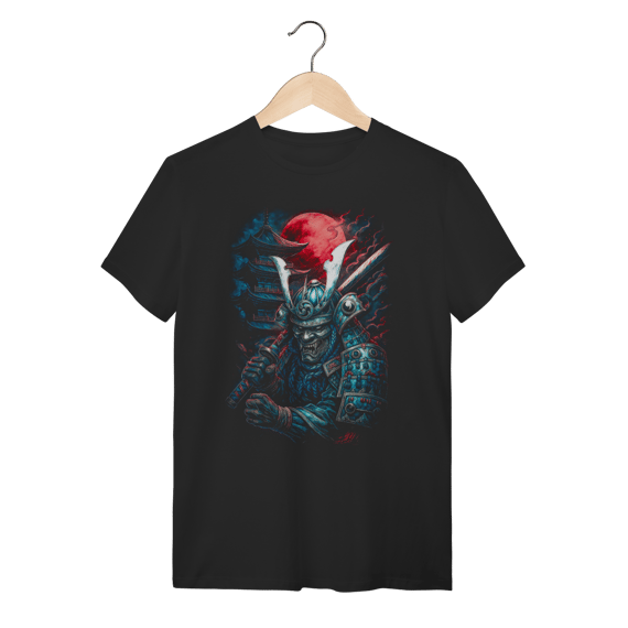 Camiseta Preta Streetwear - Samurai de Armadura sob a Lua de Sangue 