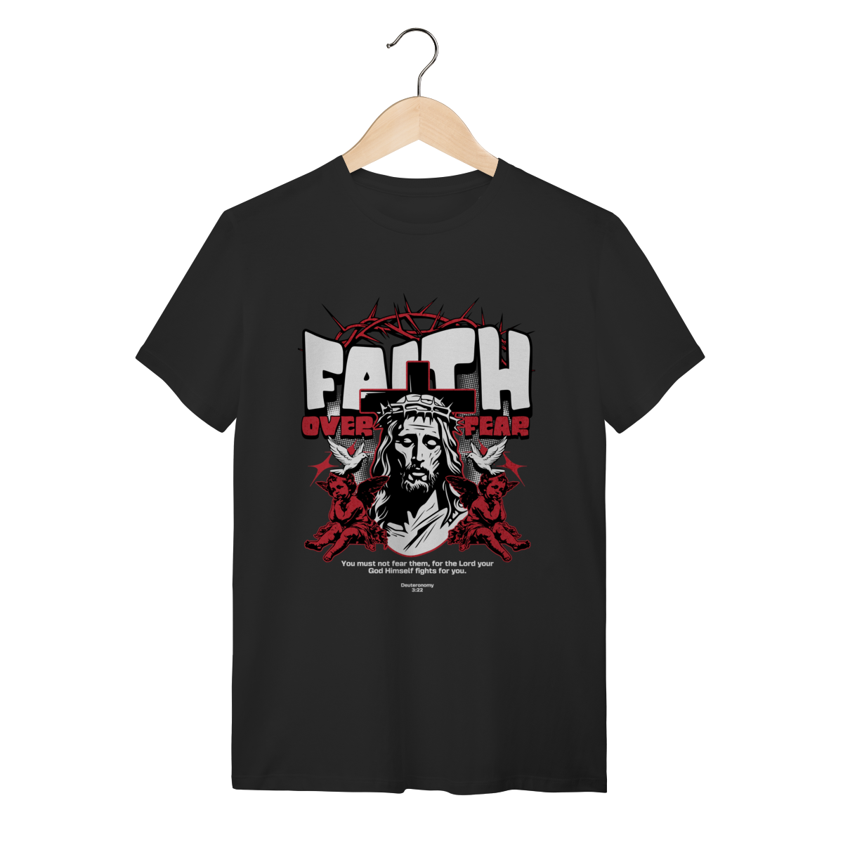 Nome do produto: Camiseta Preta Algodão Faith Over Fear - Streetwear Cristão