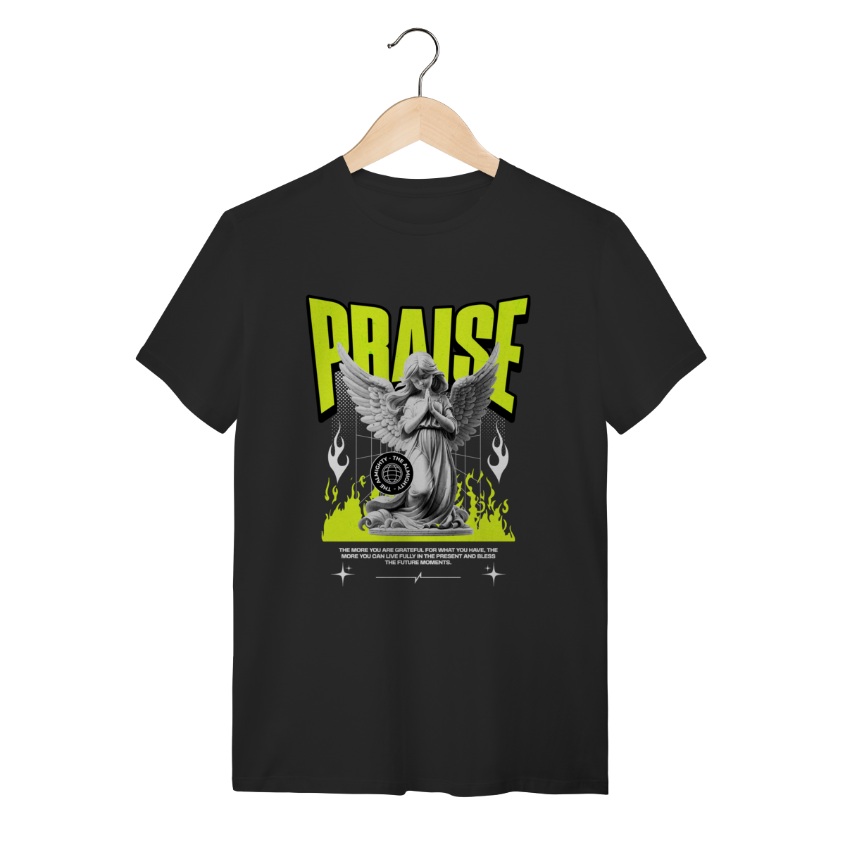 Nome do produto: Camiseta Preta Praise Angel - Algodão Streetwear Neon