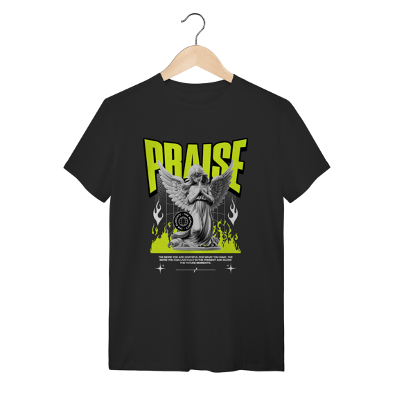 Camiseta Preta Praise Angel - Algodão Streetwear Neon