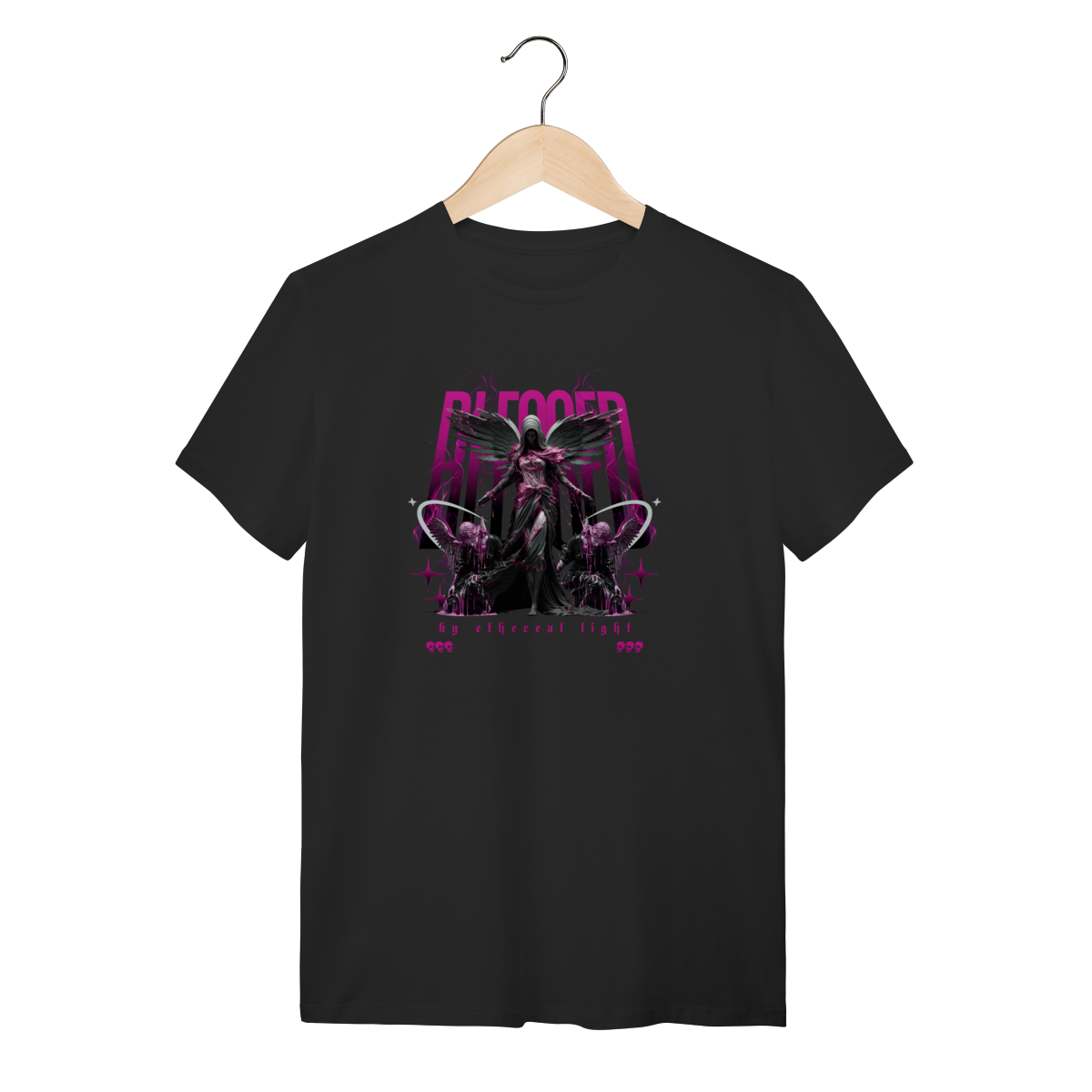 Nome do produto: Camiseta Preta Blessed by Ethereal Light - Algodão Streetwear Dark