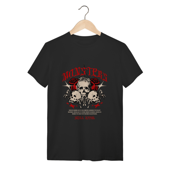 Camiseta Preta Skull Monsters - Estilo Dark Streetwear Algodão