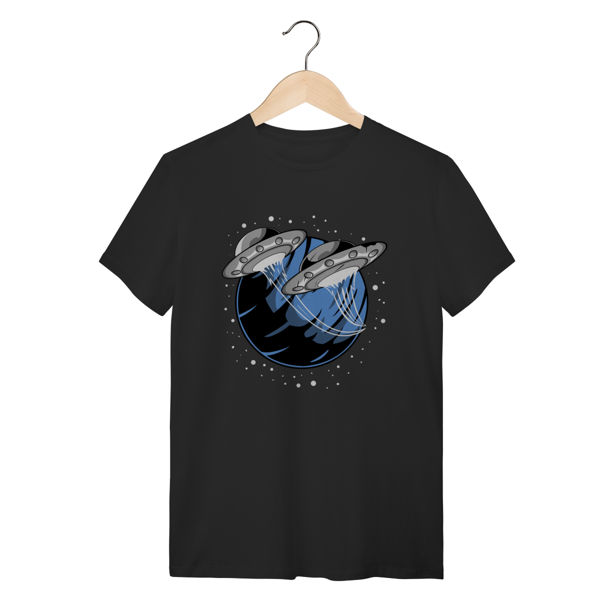Nome do produto: Camiseta Preta Algodão UFO Planet - Estampa Alienígena Retro