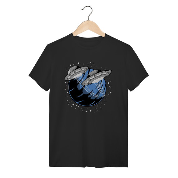 Camiseta Preta Algodão UFO Planet - Estampa Alienígena Retro