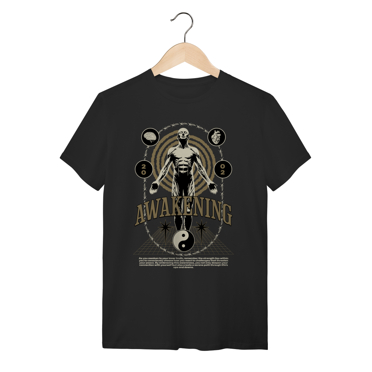 Nome do produto: Camiseta Preta Algodão Awakening Inner Truth - Estilo Zen e Equilíbrio