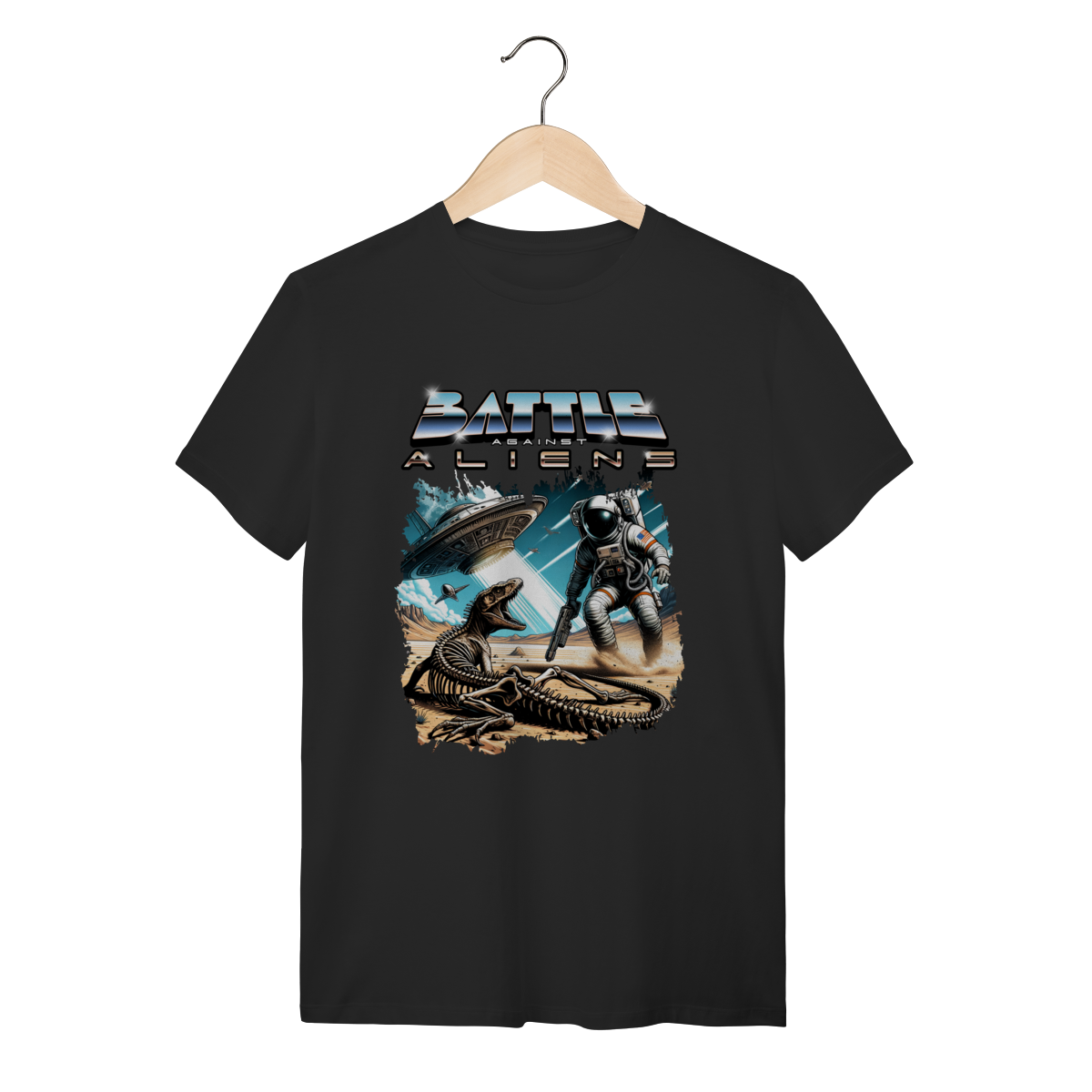Nome do produto: Camiseta Preta Streetwear Battle Against Aliens - 100% Algodão Espacial