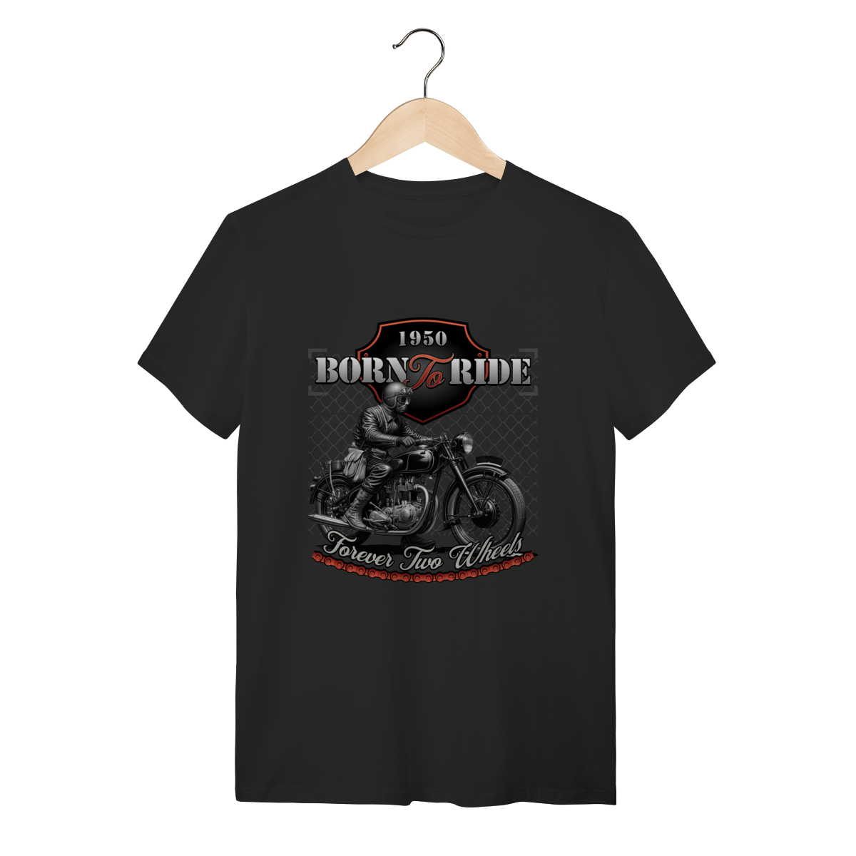 Nome do produto: Camiseta Preta Algodão Born To Ride 1950 - Estilo Motociclista Clássico