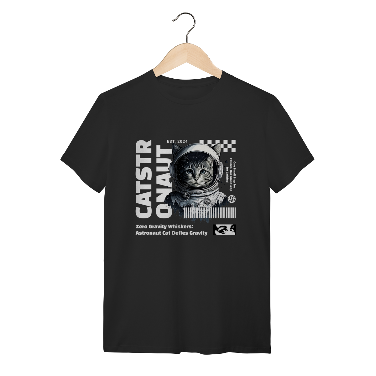 Nome do produto: Camiseta Preta Catstronaut - Algodão Streetwear Gato Astronauta