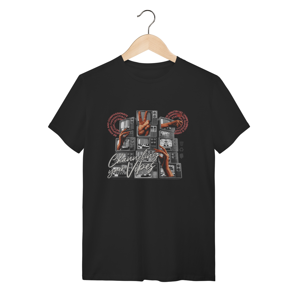 Nome do produto: Camiseta Preta Channeling Your Vibes - Algodão Aesthetic Retro TV