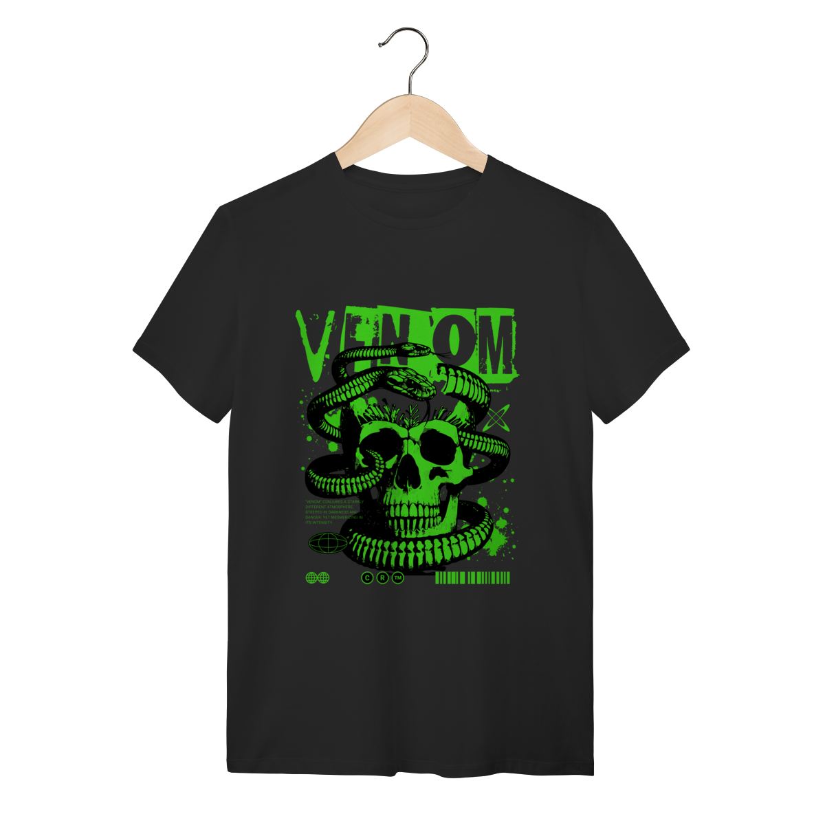 Nome do produto: Camiseta Preta Algodão Caveira e Serpente Venom Verde Neon Streetwear