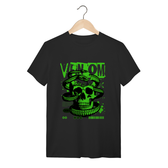Camiseta Preta Algodão Caveira e Serpente Venom Verde Neon Streetwear