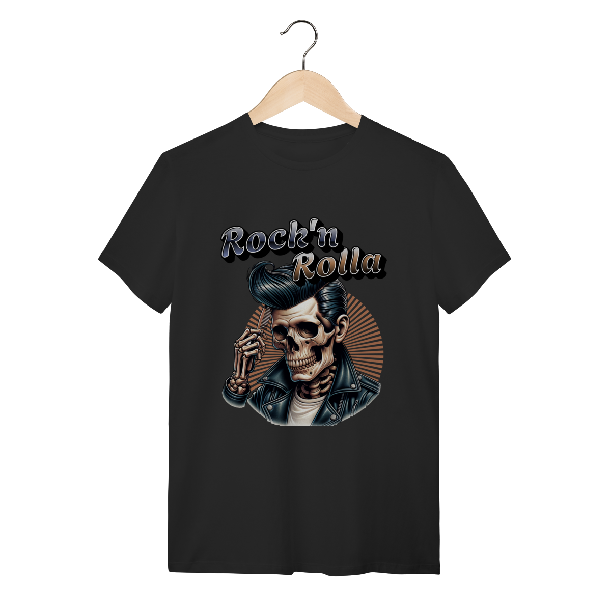 Nome do produto: Camiseta Preta Algodão Rock\'n Rolla Caveira Rocker Jaqueta de Couro