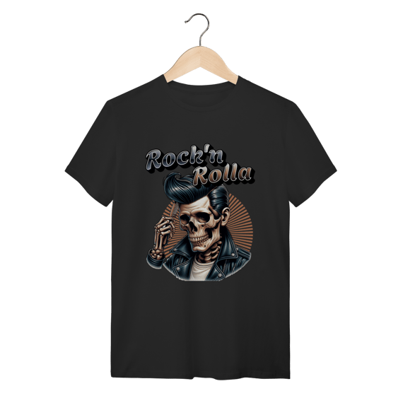 Camiseta Preta Algodão Rock'n Rolla Caveira Rocker Jaqueta de Couro