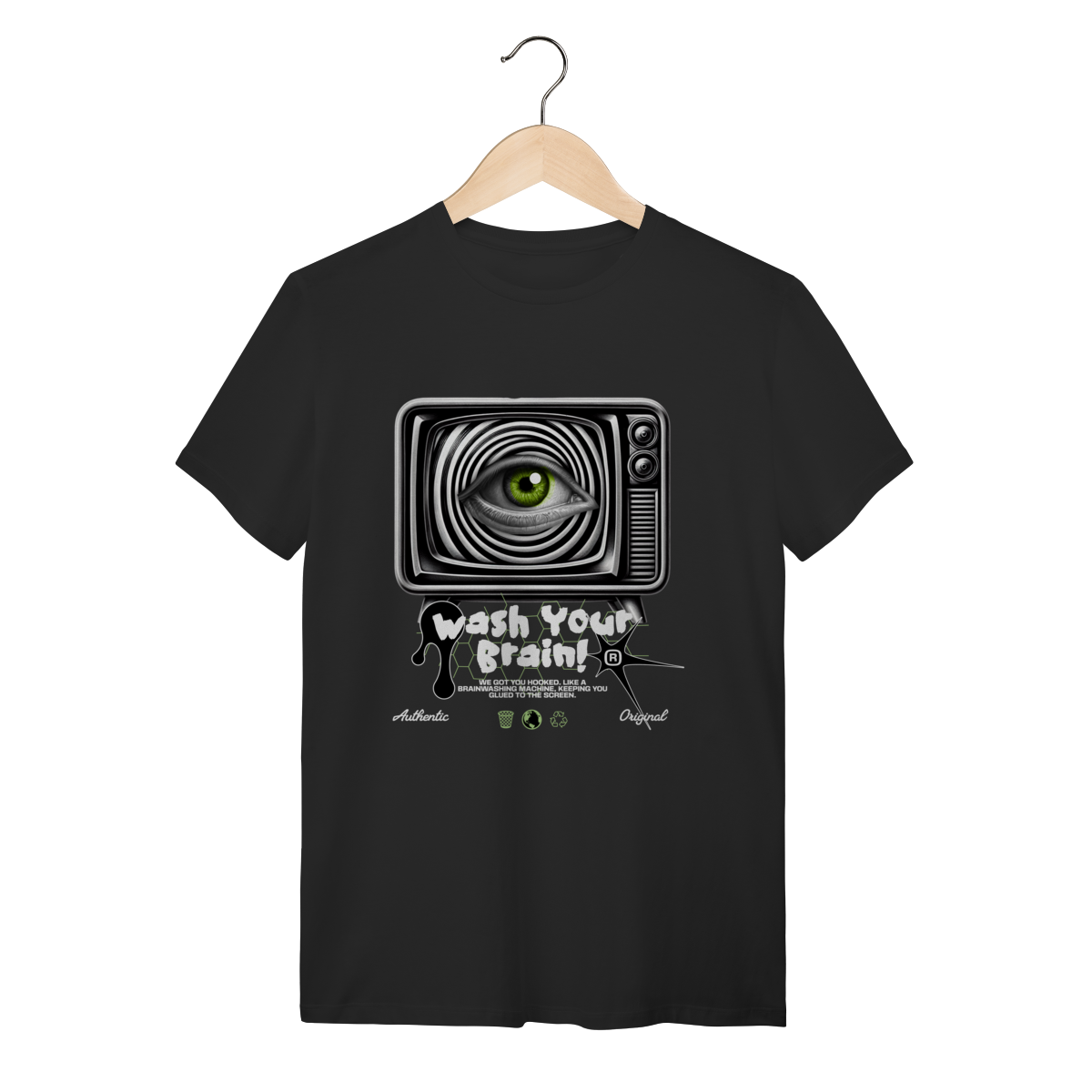 Nome do produto: Camiseta Streetwear Preta Algodão Wash Your Brain TV Retrô Minimalista