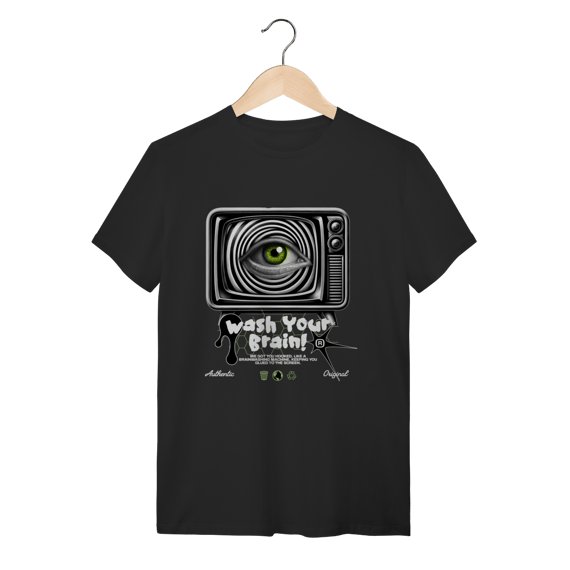 Camiseta Streetwear Preta Algodão Wash Your Brain TV Retrô Minimalista