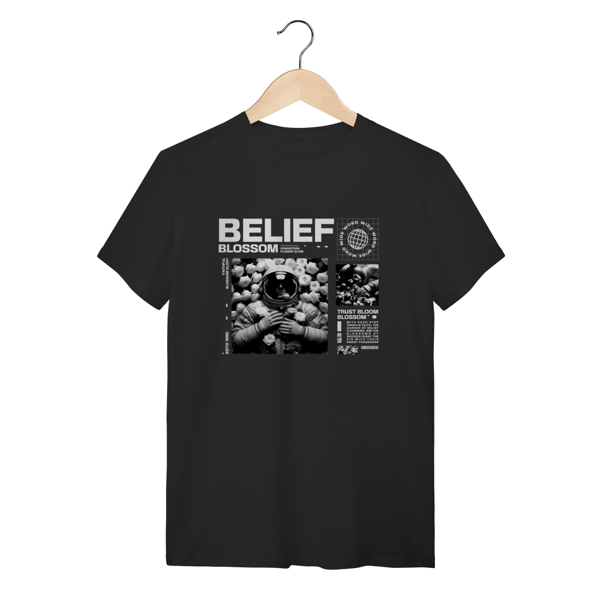 Nome do produto: Camiseta Preta Algodão Astronauta Belief Blossom Aesthetic Streetwear