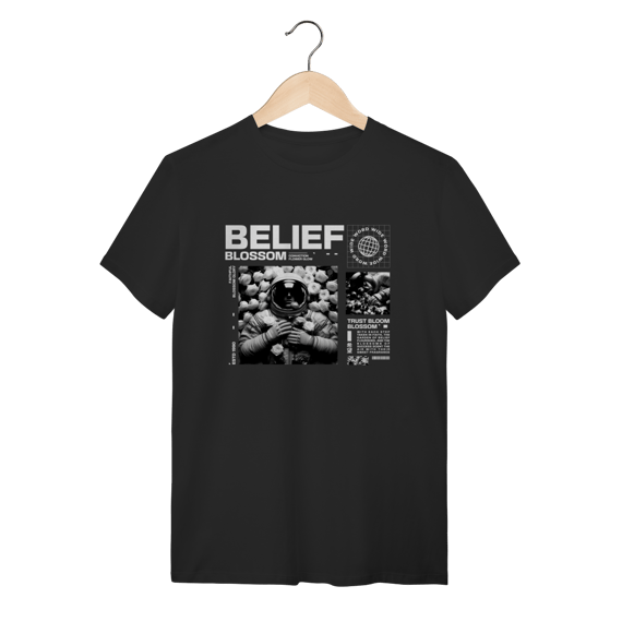 Camiseta Preta Algodão Astronauta Belief Blossom Aesthetic Streetwear