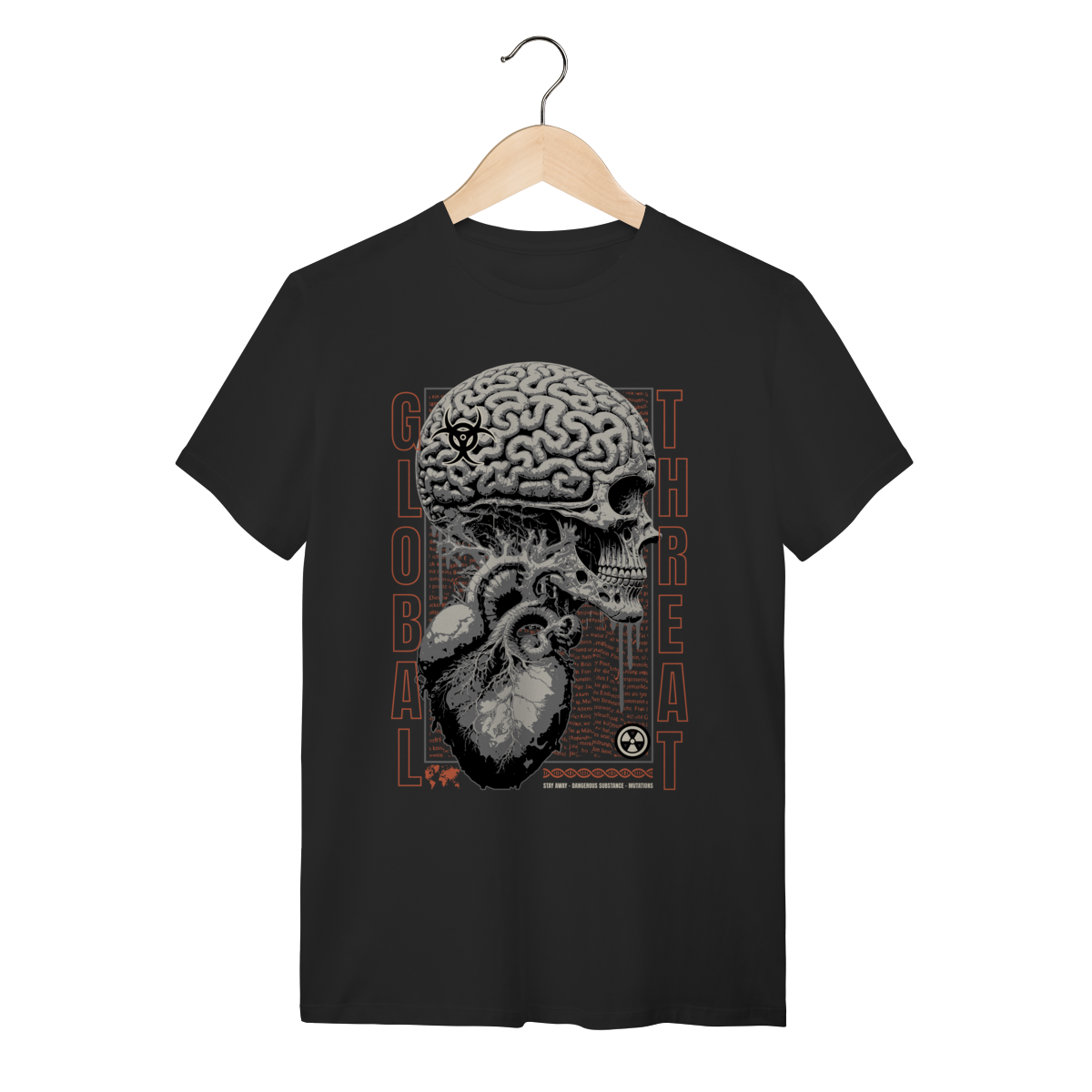 Nome do produto: Camiseta Preta Algodão Caveira Cérebro Global Threat Dark