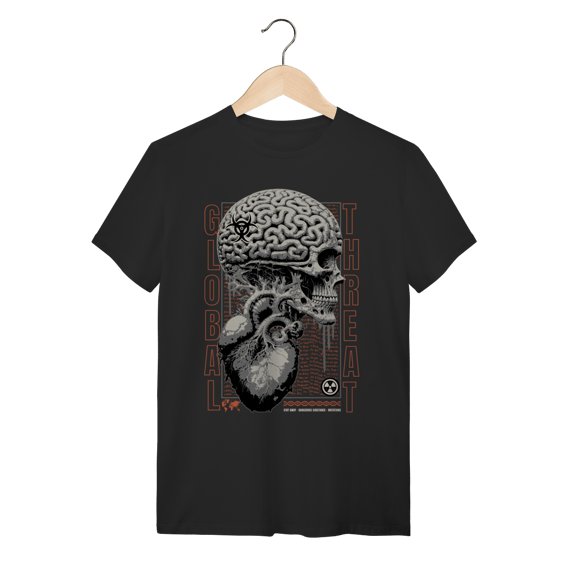 Camiseta Preta Algodão Caveira Cérebro Global Threat Dark