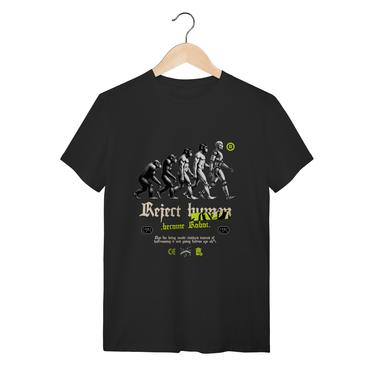 Nome do produto: Camiseta Preta Algodão Evolução Humana Reject Human Become Robot