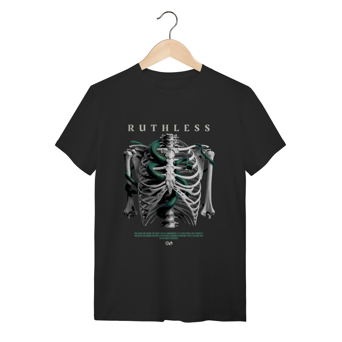 Nome do produto: Camiseta Preta 100% Algodão Esqueleto e Serpente Ruthless Streetwear