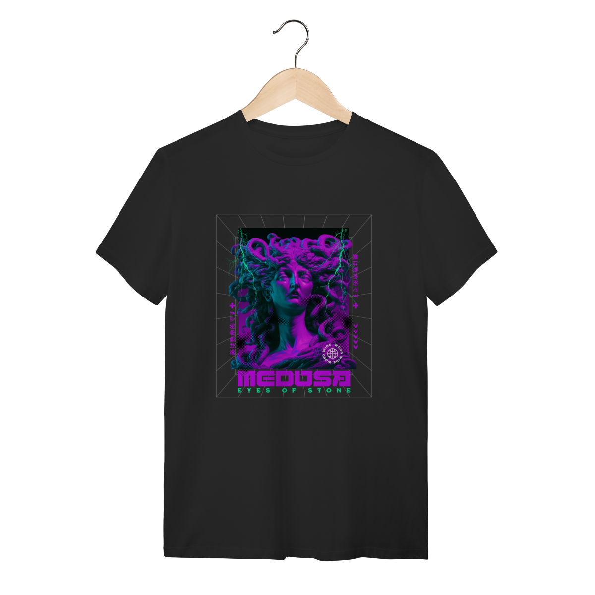 Nome do produto: Camiseta Preta Algodão Medusa Eyes of Stone Roxo Neon Vaporwave