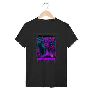 Camiseta Preta Algodão Medusa Eyes of Stone Roxo Neon Vaporwave