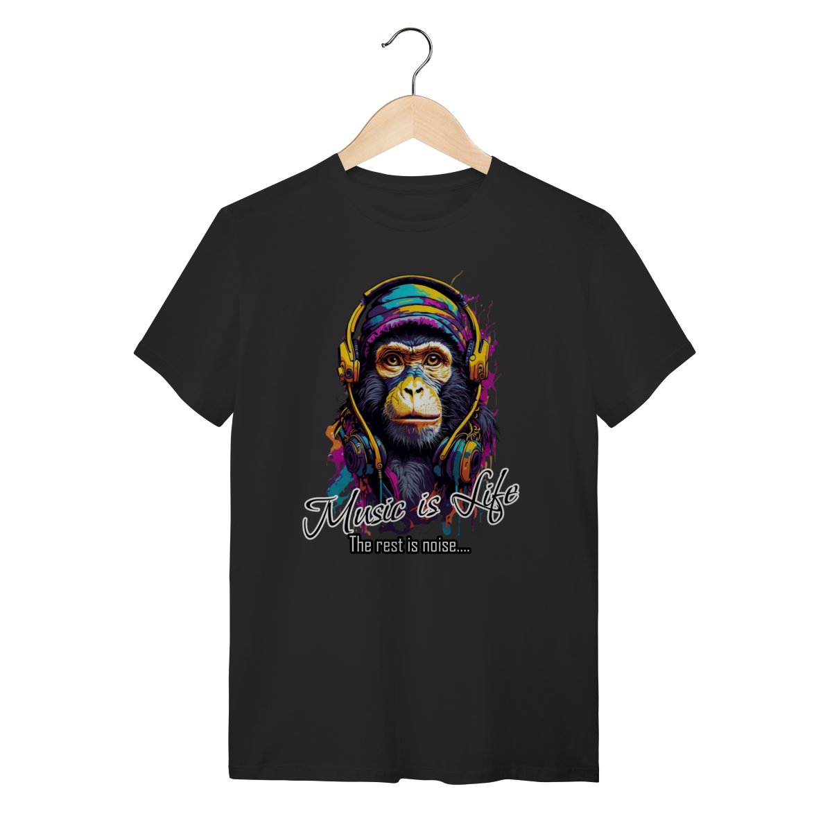 Nome do produto: Camiseta Macaco com Fone de Ouvido Music is Life Pop Art Algodão