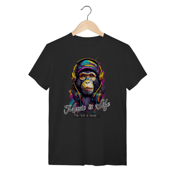 Camiseta Macaco com Fone de Ouvido Music is Life Pop Art Algodão