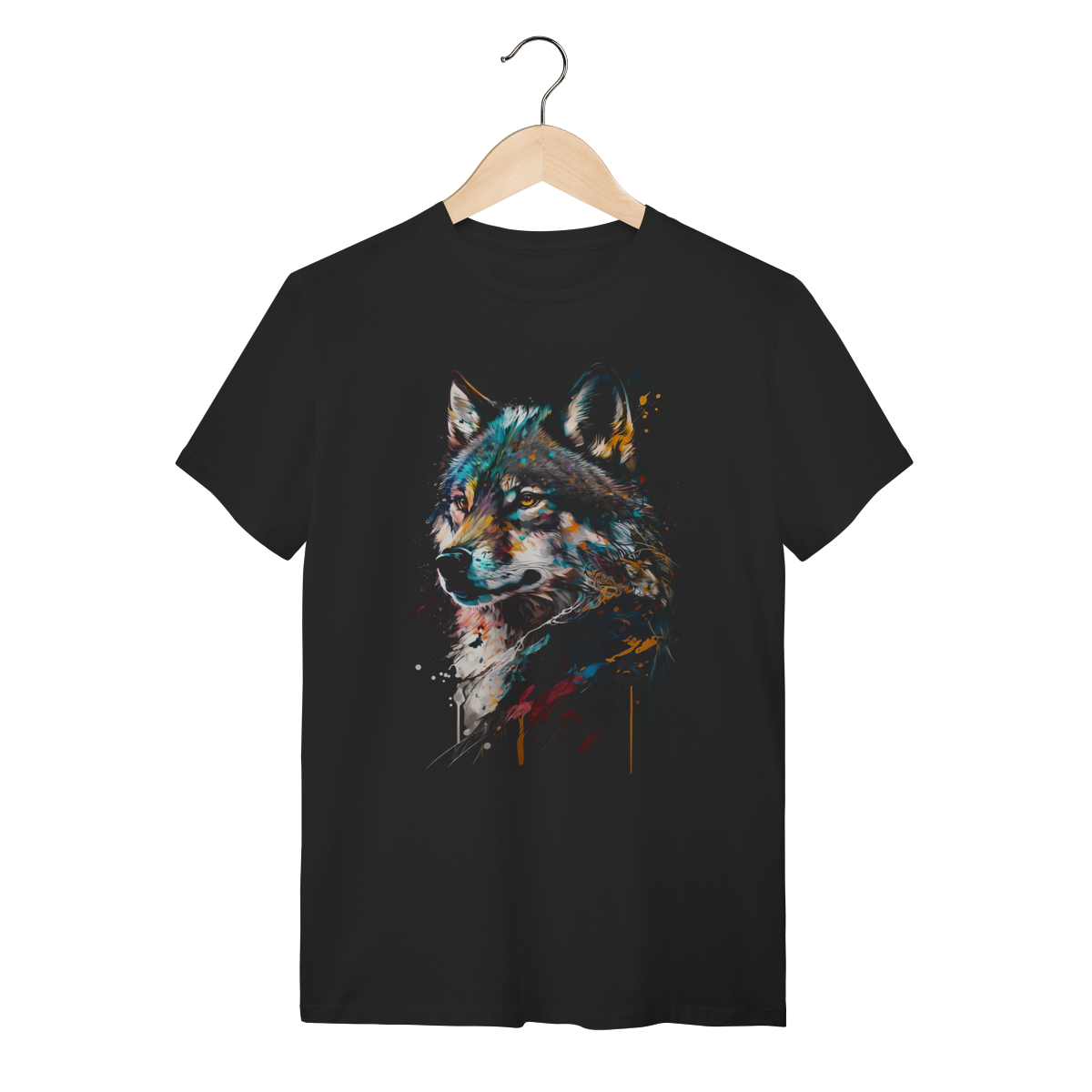 Nome do produto: Camiseta Lobo Colorido Aquarela Algodão Gola Redonda Casual