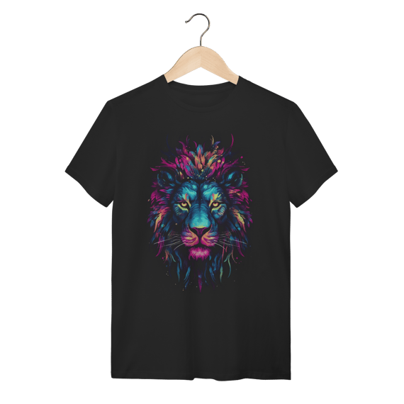 Camiseta Leão Psicodélico Neon Colorido Algodão Gola Redonda