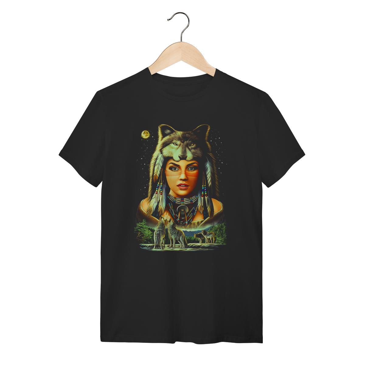 Nome do produto: Camiseta Índia Xamã com Lobo Estampa Mística Algodão Premium