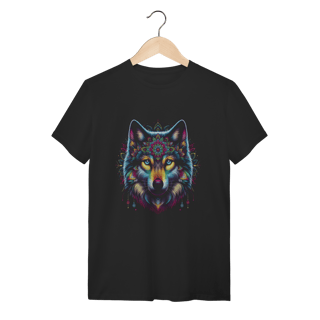 Camiseta Lobo Mandala Colorida Boho Chic Algodão Gola Redonda