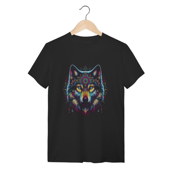 Camiseta Lobo Mandala Colorida Boho Chic Algodão Gola Redonda