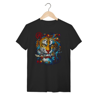 Camiseta Preta Tigre Samurai Unissex em Algodão com Arte Oriental Premium