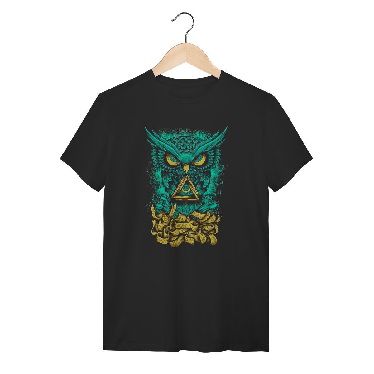 Nome do produto: Camiseta Preta Coruja Mística Geométrica Unissex em Algodão Premium