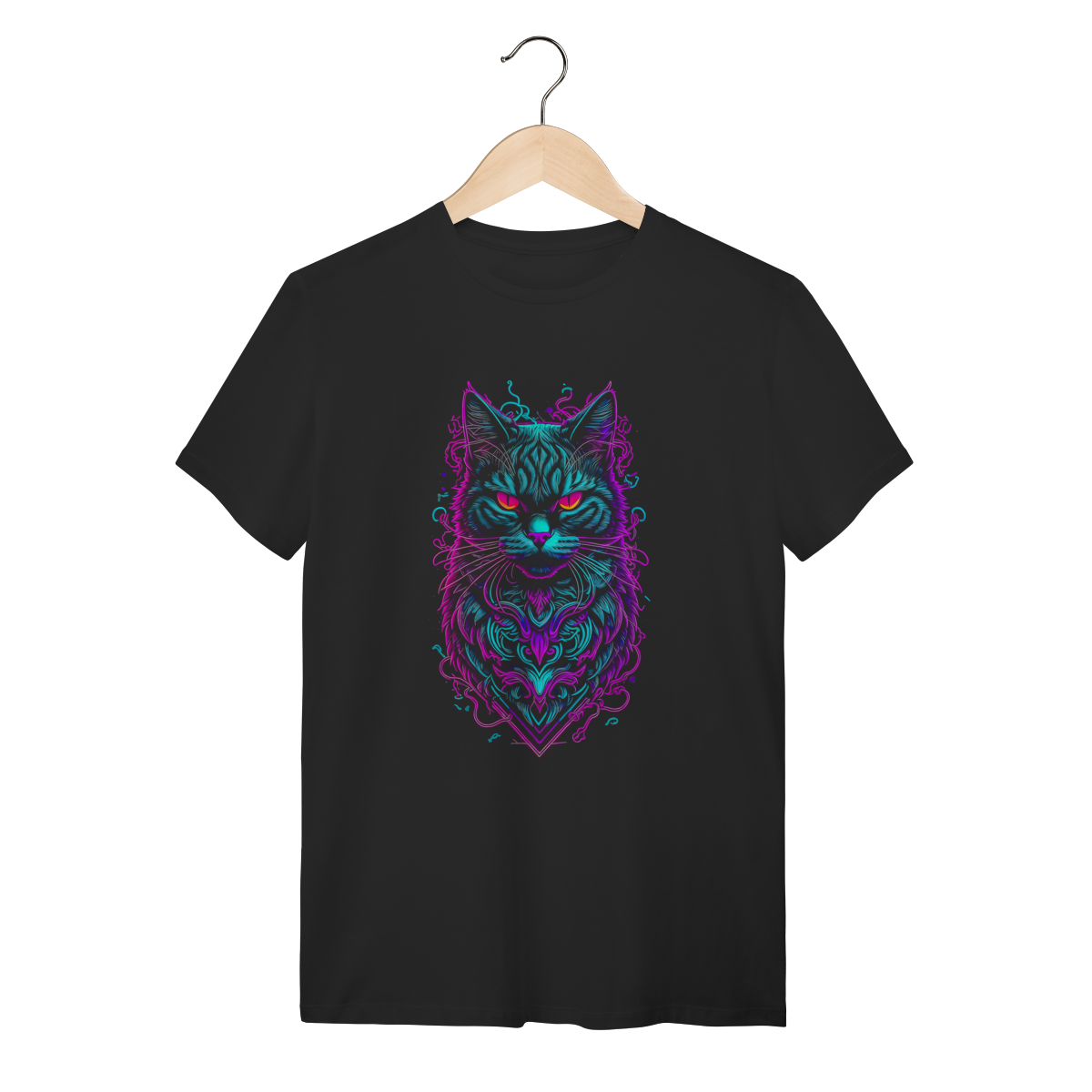 Nome do produto: Camiseta Preta Gato Neon Cyberpunk - 100% Algodão Premium