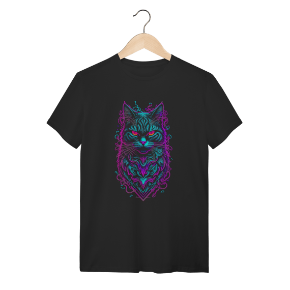 Camiseta Preta Gato Neon Cyberpunk - 100% Algodão Premium