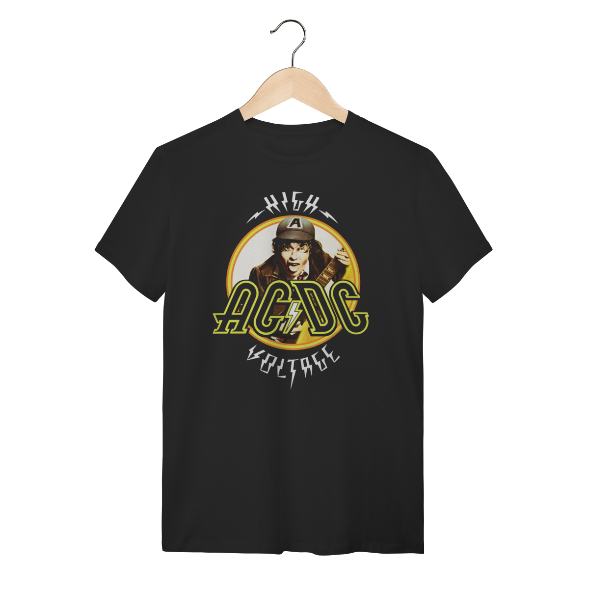 Nome do produto: Camiseta AC/DC High Voltage Angus Young Rock Preta Algodão